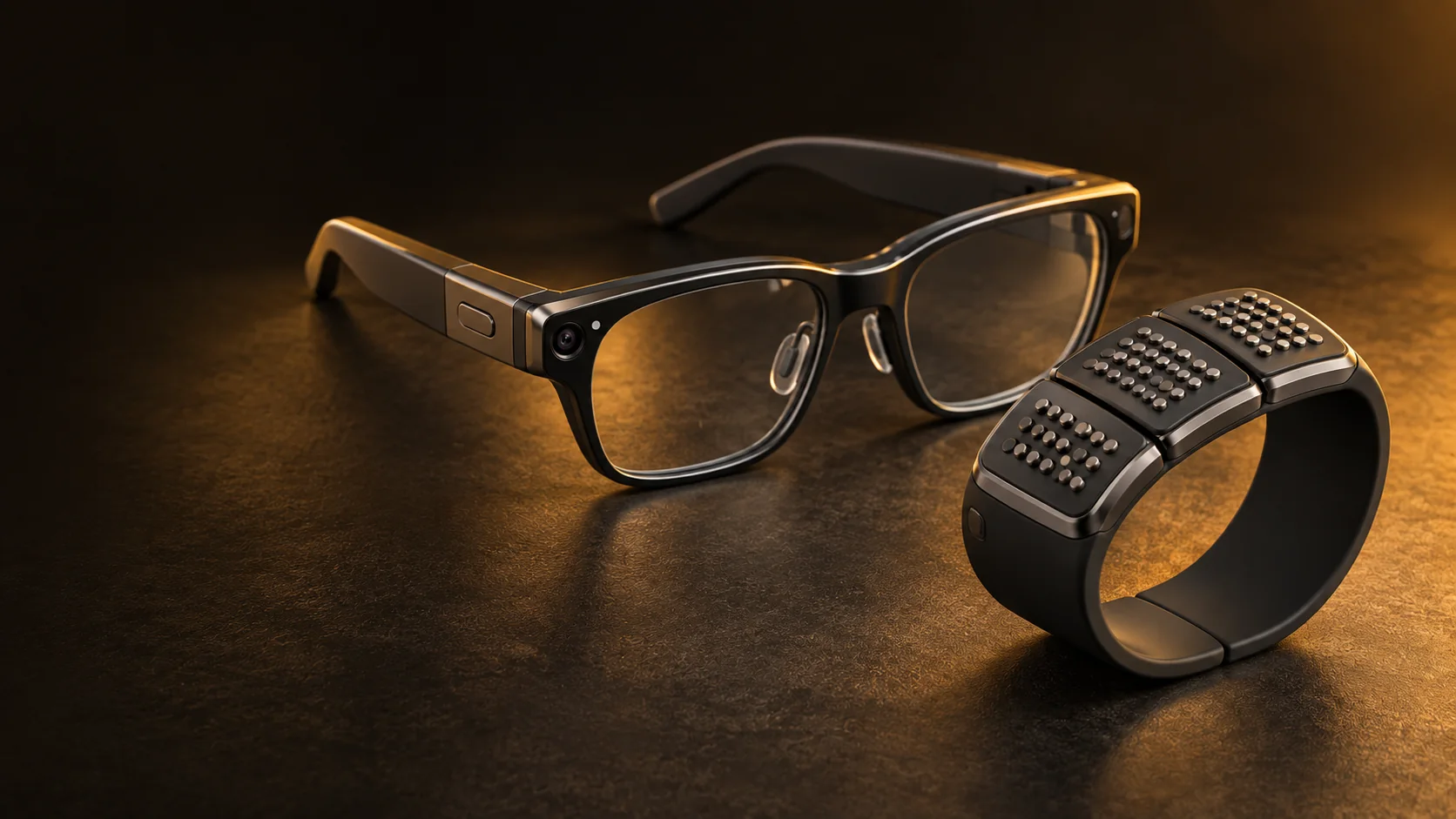 Concept rendering of charcoal camera glasses beside a flexible wrist cuff with three rigid panels of raised tactile dots, lit by warm amber light.
