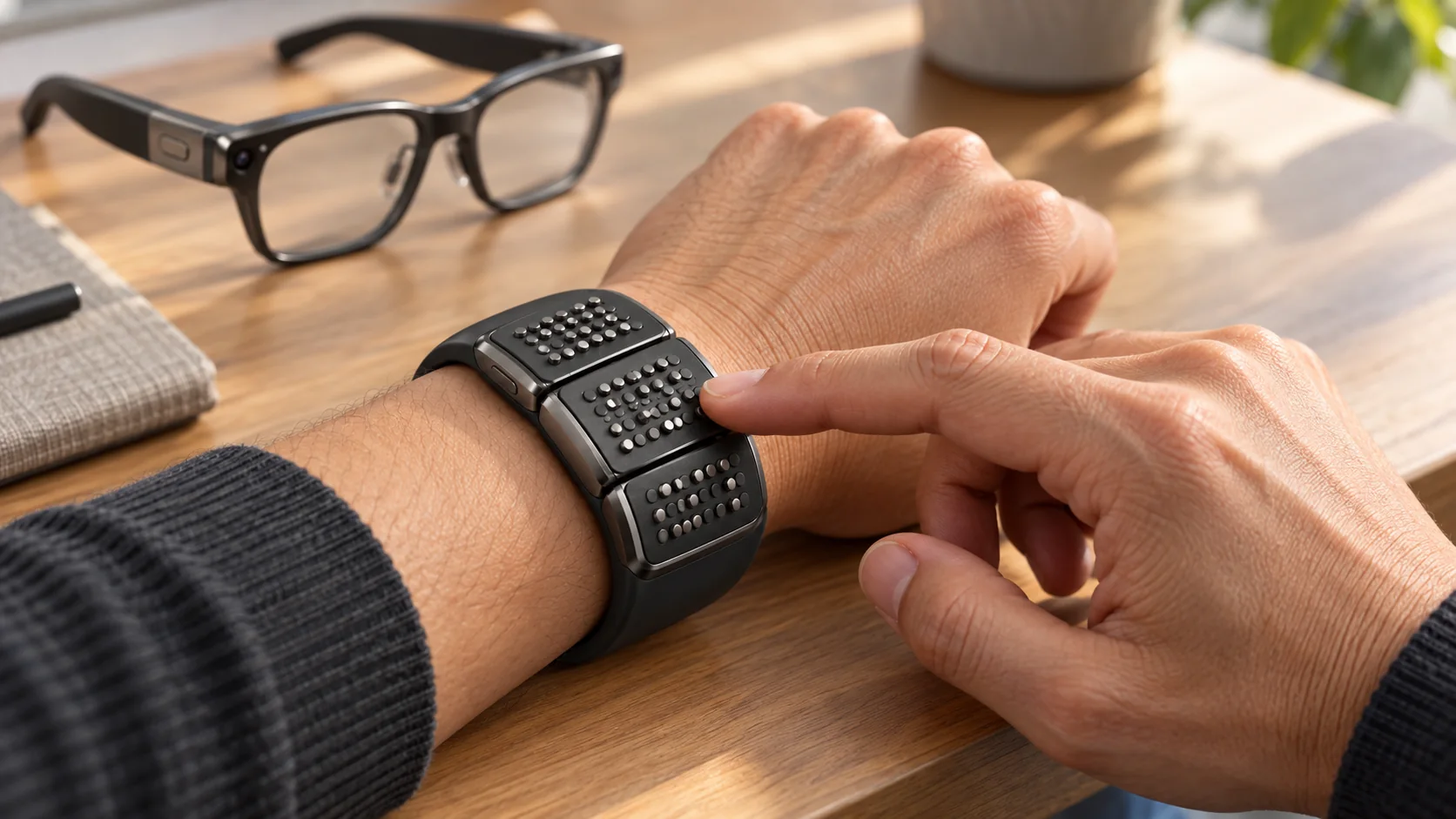 Concept illustration of a person touching raised dots on a three-panel wrist cuff with the opposite index finger, with camera glasses resting on a desk nearby.