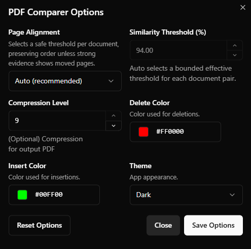Diffing options dialog